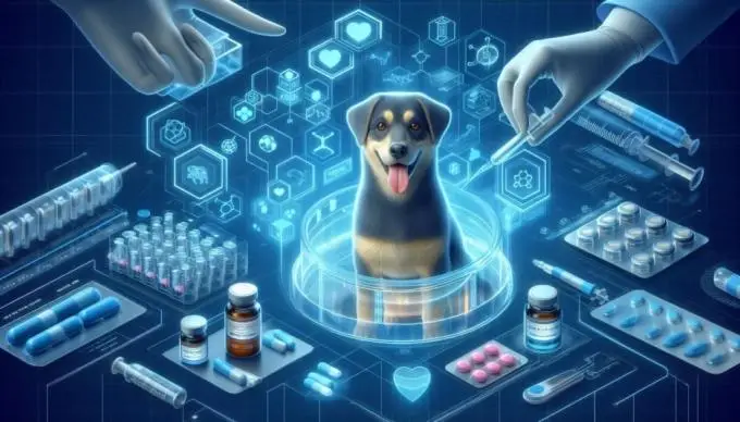 마이크로소프트 디자이너AI로 생성한 '강아지를 위한 의약품을 연구하는 벤처기업' 이미지